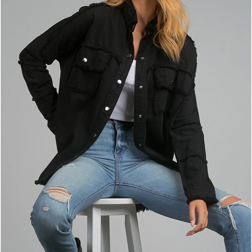 Elan All You Need is Love Dawn Utility Jacket Button Down oversized black size S - Picture 4 of 8